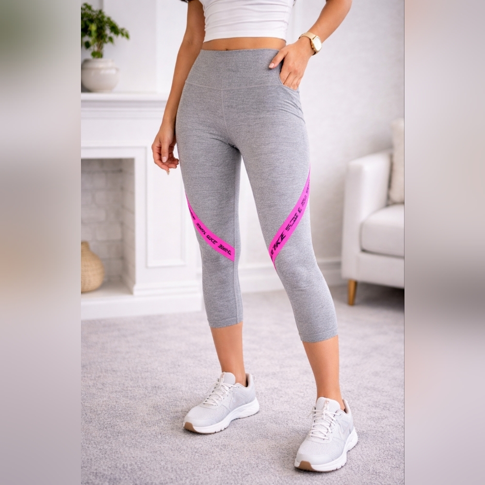 Nike Dri-FIT High Rise Cropped Leggings XS Gray Pink Logo Stripe